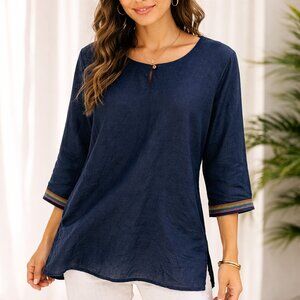 Navy Linen Tunic Top XXL Relaxed Boho Embroidered Sleeve Pullover NWOT